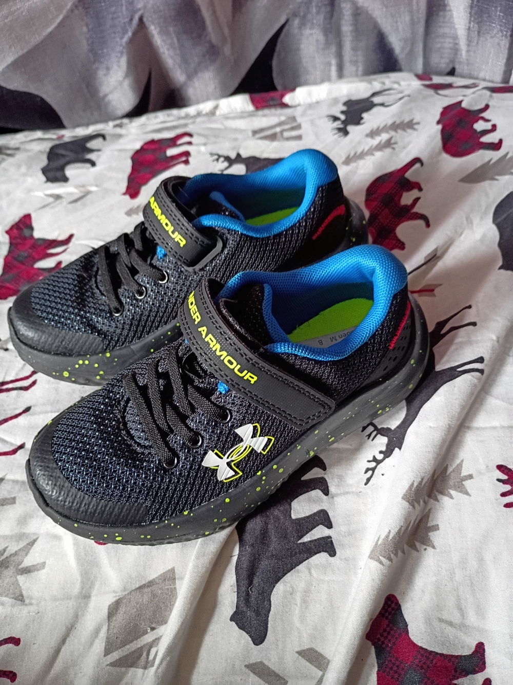 Under Armour Boys Black Sneakers with Blue Lining and Neon Yellow Accents